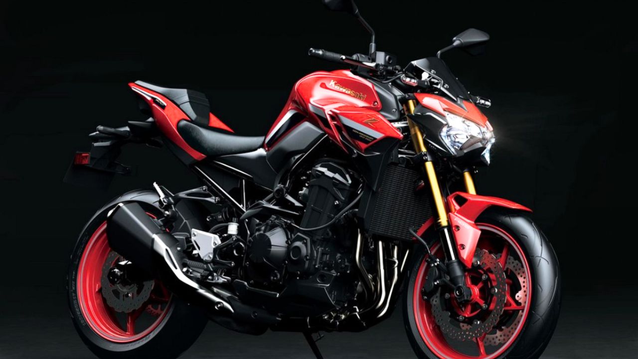 A image of 2024 Kawasaki Z900 in Red and Black Colour With Fully black background