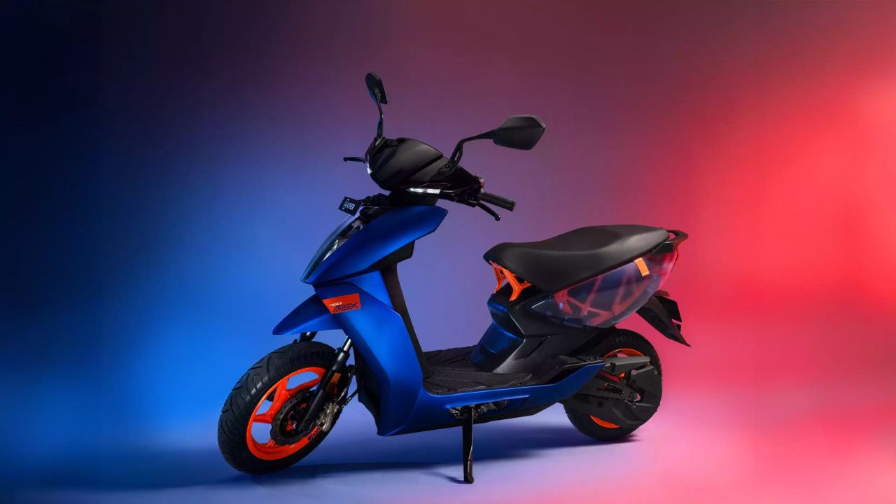 A image of Electric Scooter in A multiple colour and the background is mix of red and blue colour