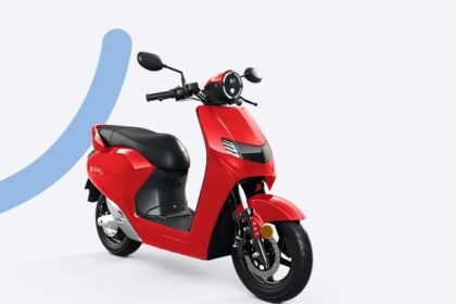 This image show a electric scooter of Bounce Electric Scooter in a red colour with white background ,