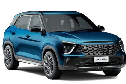 A image of luxury Hyundai's Sporty Creta N Line in a dark blue colour with white bacground