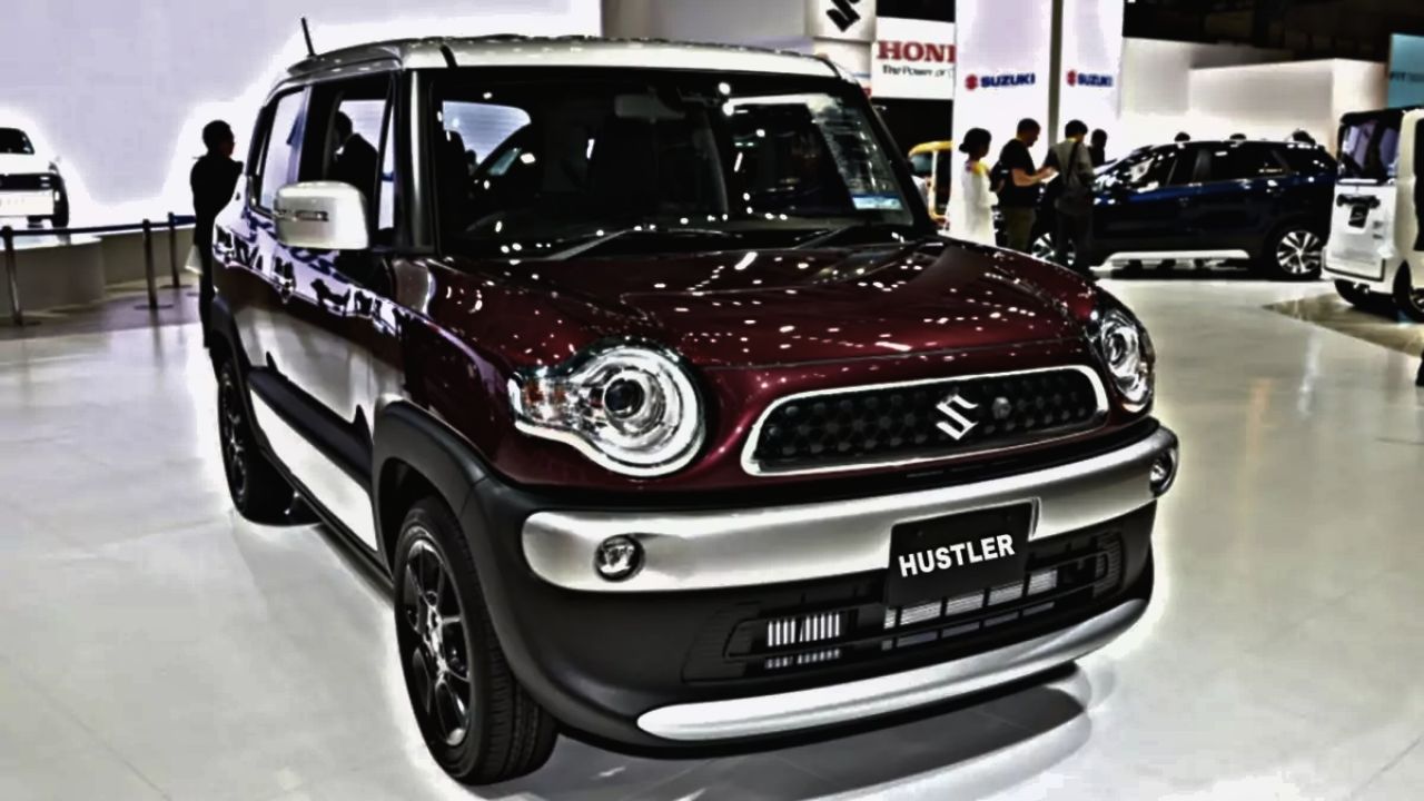 A image of Maruti Hustler in dark red colour at the showcase of car event