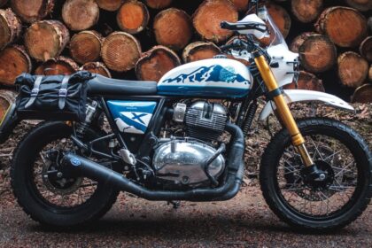 A image of Royal Enfield Scrambler 650 With a background of Timber