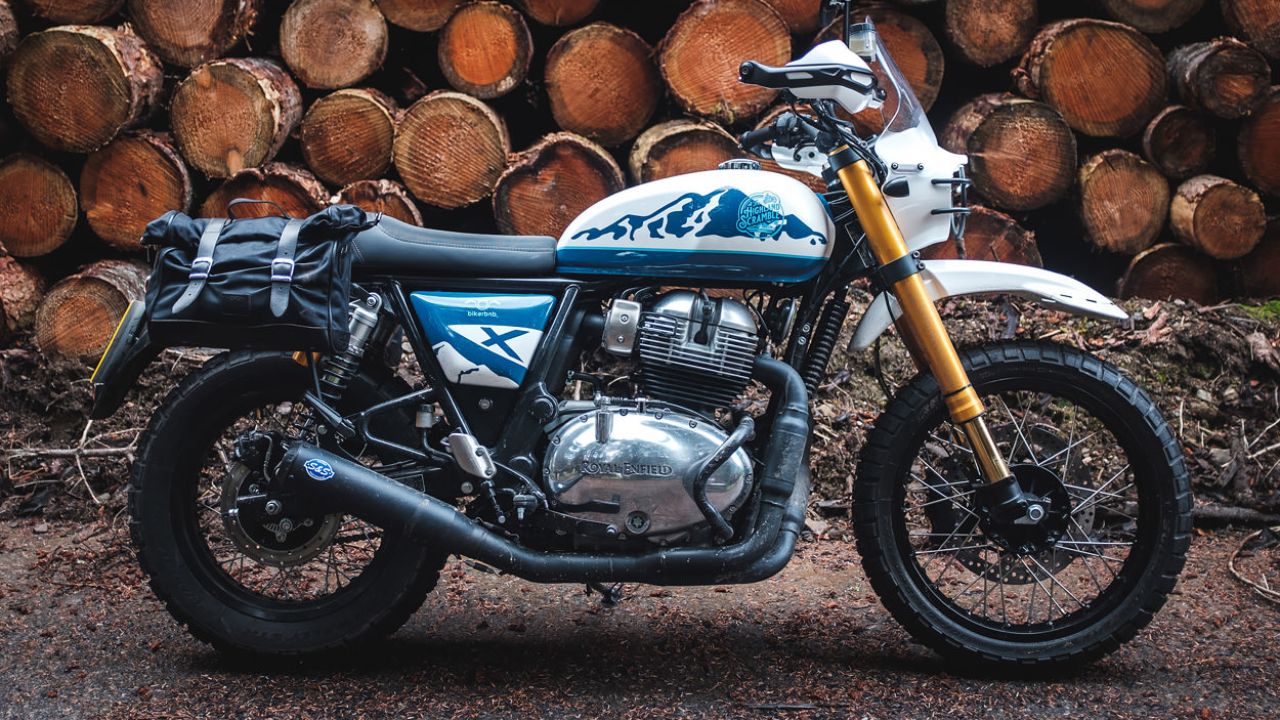A image of Royal Enfield Scrambler 650 With a background of Timber