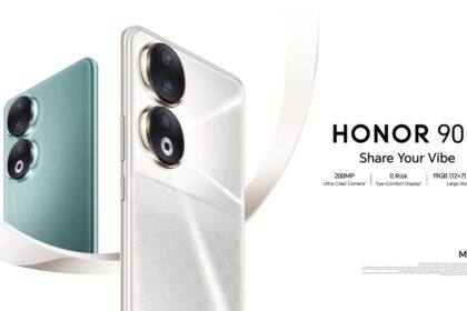 honor 90 in gold and green color n in plain white background