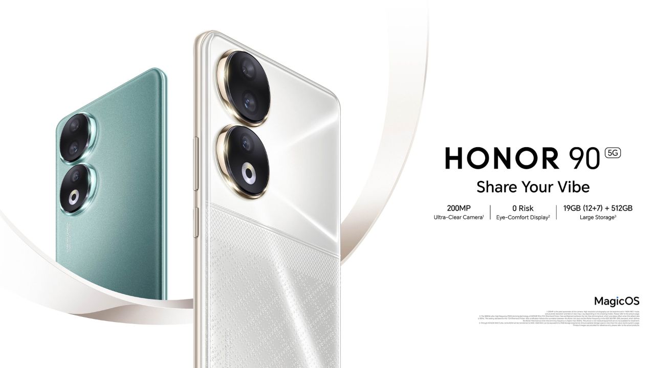 honor 90 in gold and green color n in plain white background