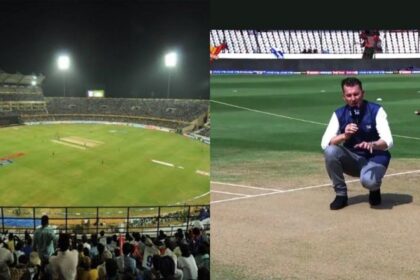 rajiv gandhi stadium and one man giving information about pitch of rajiv gandhi stadium