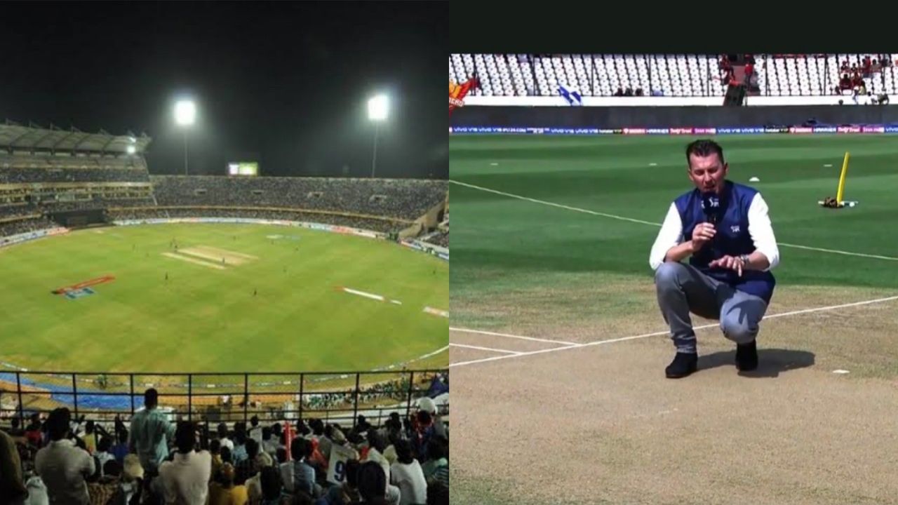 rajiv gandhi stadium and one man giving information about pitch of rajiv gandhi stadium