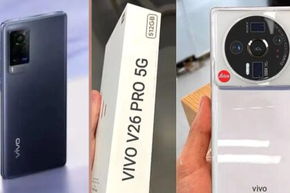 Vivo V26 Pro 5G in grey and black color with box and some written text about phone details