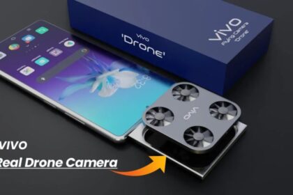 Vivo drone flying Smartphone in blue color with blue color box and drone camera lens