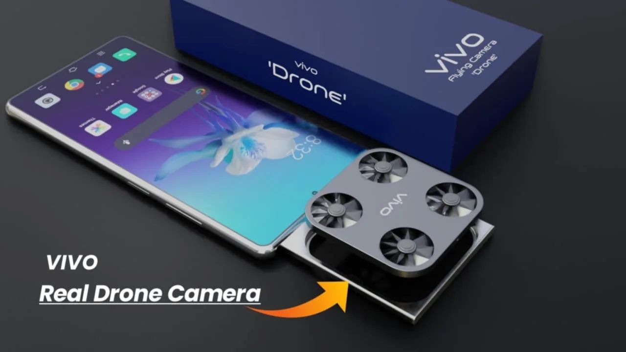 Vivo drone flying Smartphone in blue color with blue color box and drone camera lens