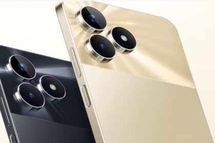 Realme C53 in golden and black color on plain white background