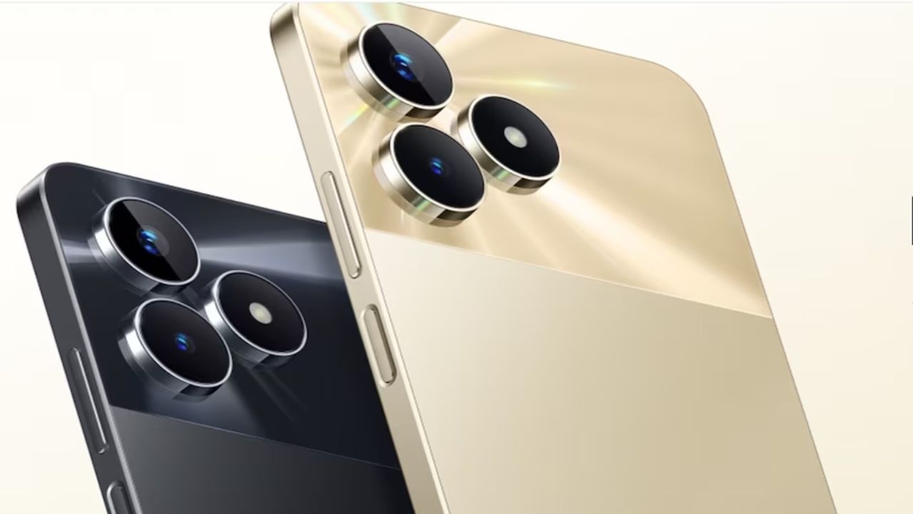 Realme C53 in golden and black color on plain white background