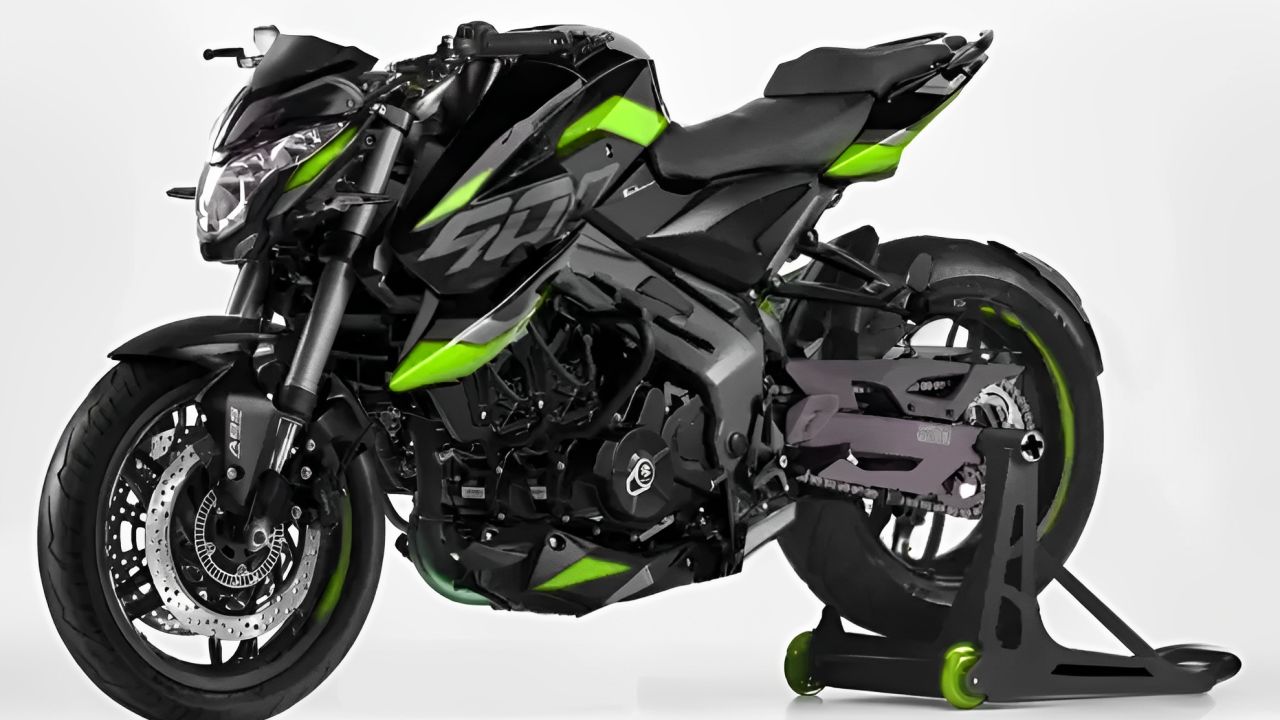 Here is image of Bajaj Pulsar NS400 in black and green colour With fully white background