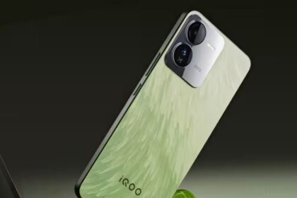 IQOO Z9 5G in lemon green color infront of plain black background