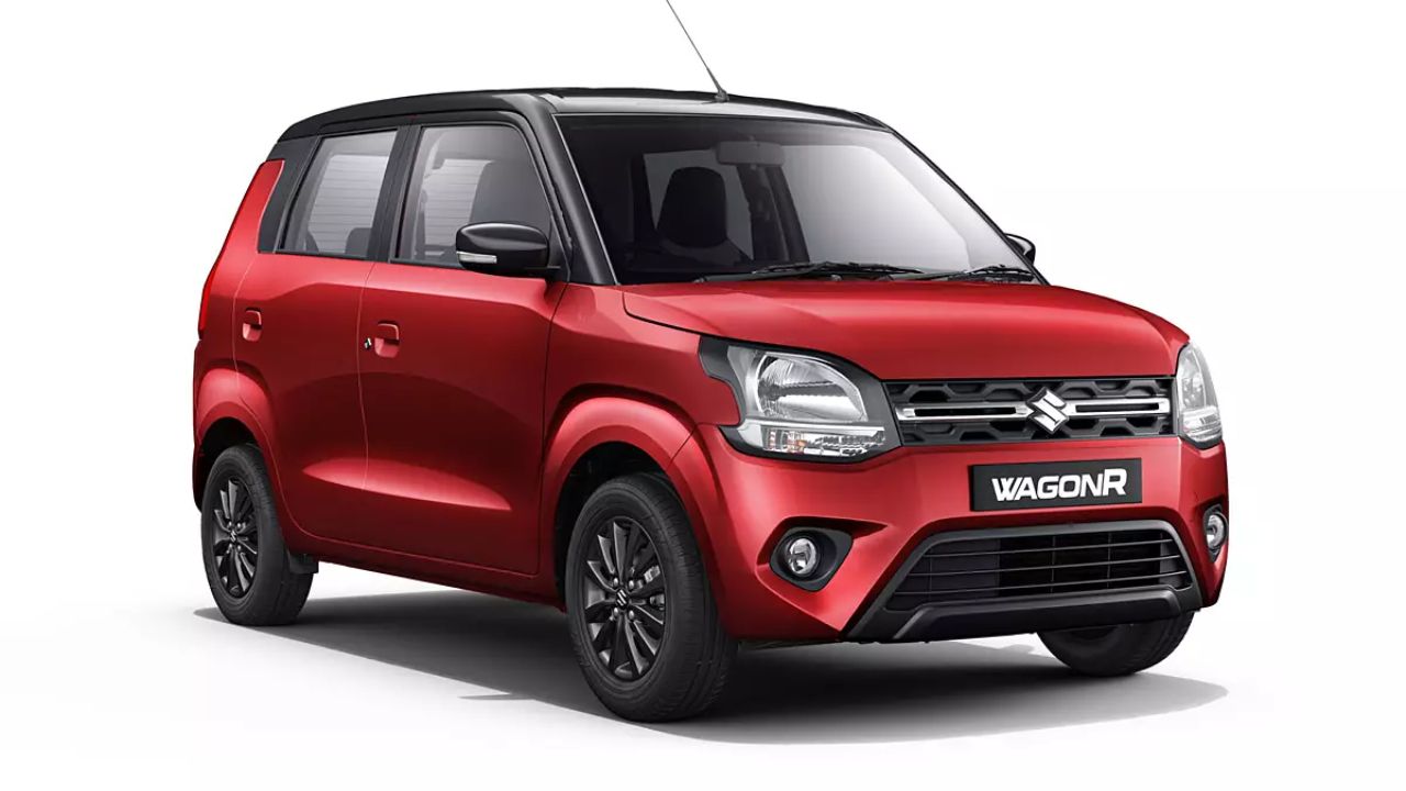 Maruti Suzuki WagonR in red and black color infront of plain white background