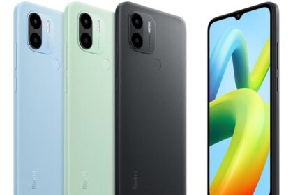 Redmi A2 in blue green and black color infront of plain white background