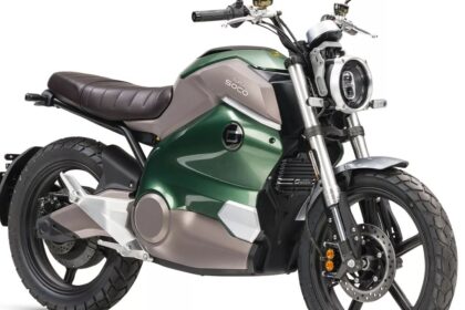 here is image of Super Soco TC Wander electric bike In light green and grey colour with white background