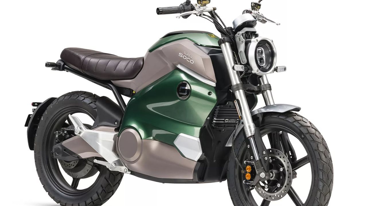 here is image of Super Soco TC Wander electric bike In light green and grey colour with white background