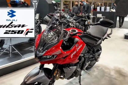 Here is image of Black and red colour Bajaj Pulsar 250F Which is placed in Showroom