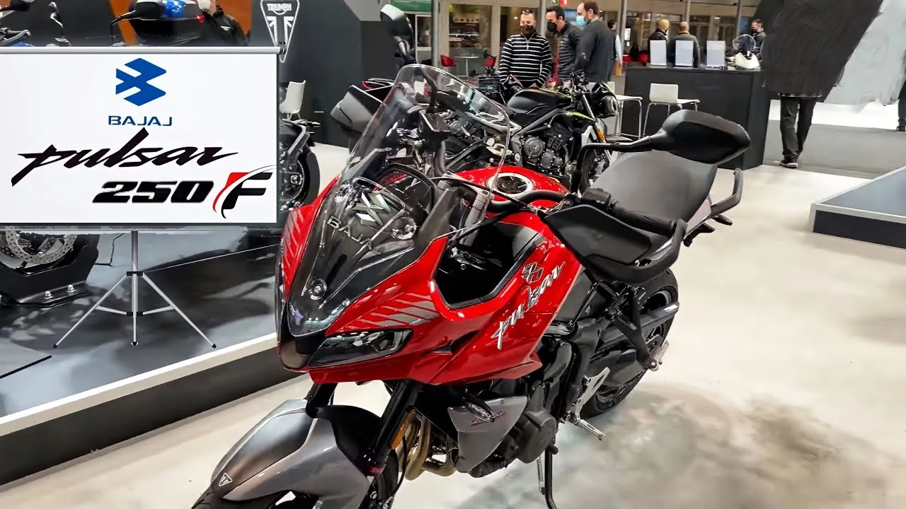 Here is image of Black and red colour Bajaj Pulsar 250F Which is placed in Showroom