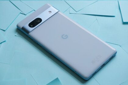 Google Pixel 8A in blue color on blue color table with phone side look