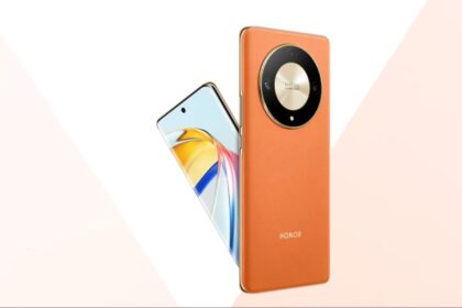 Honor X9b in orange color with front and back look infront of white and beige color background