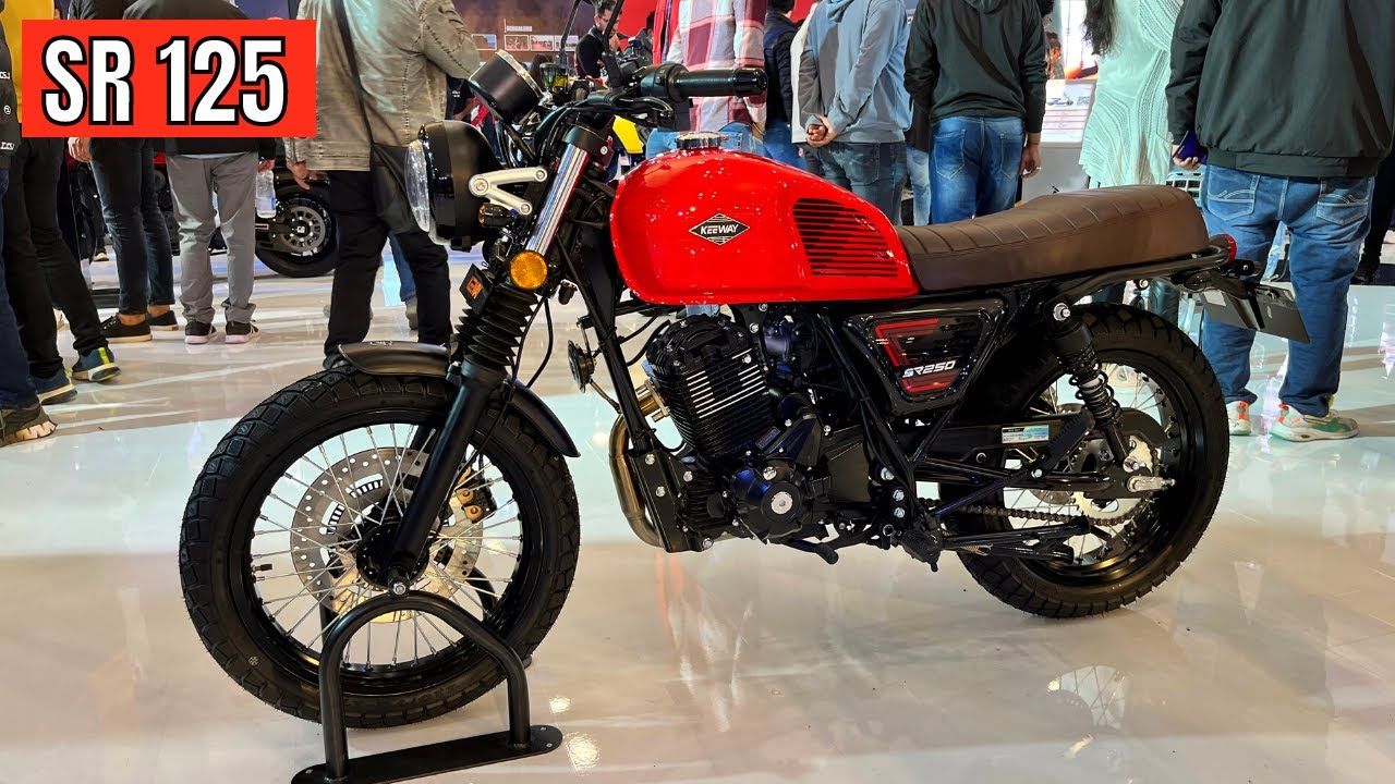 here is image of Red colour Keeway SR125 bike which is placed in showcase event