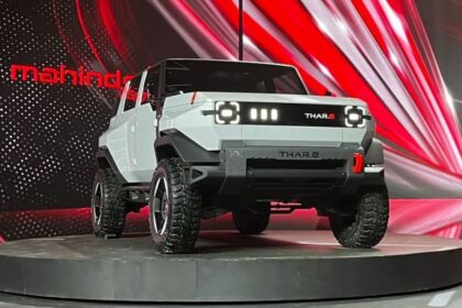 Here is Image of White Colour Mahindra Thar E-Car Which is placed in Showcase