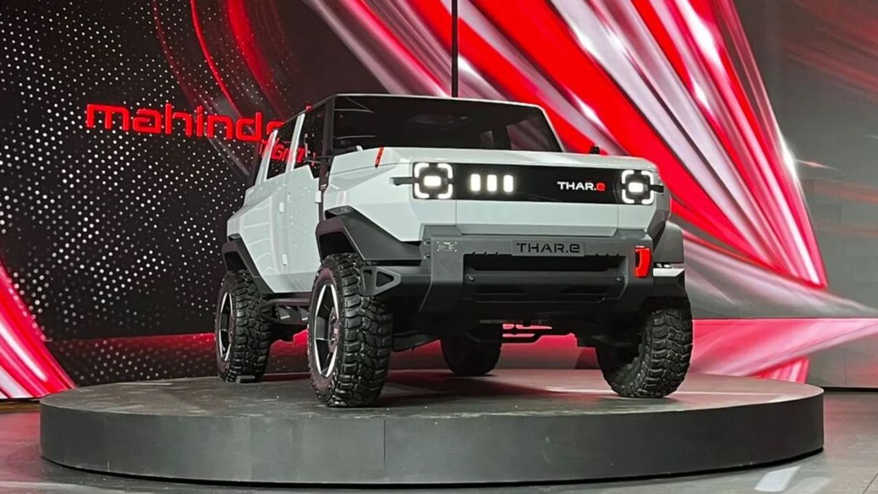Here is Image of White Colour Mahindra Thar E-Car Which is placed in Showcase