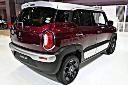 here is Image of Red colour Maruti Hustler car Which is placed in showroom
