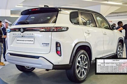 Here is image of White colour Maruti Suzuki Grand Vitara Hybrid Which is placed in showroom where many people looking the car