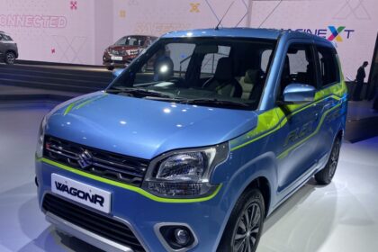 Here is image of blue colour Maruti Suzuki WagonR Which is placed in showroom