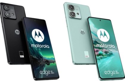Motorola Edge 40 Neo in black and mint color with front and back look infront of plain white background
