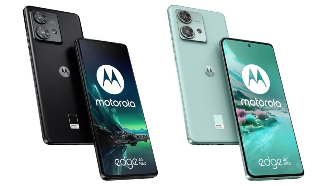 Motorola Edge 40 Neo in black and mint color with front and back look infront of plain white background