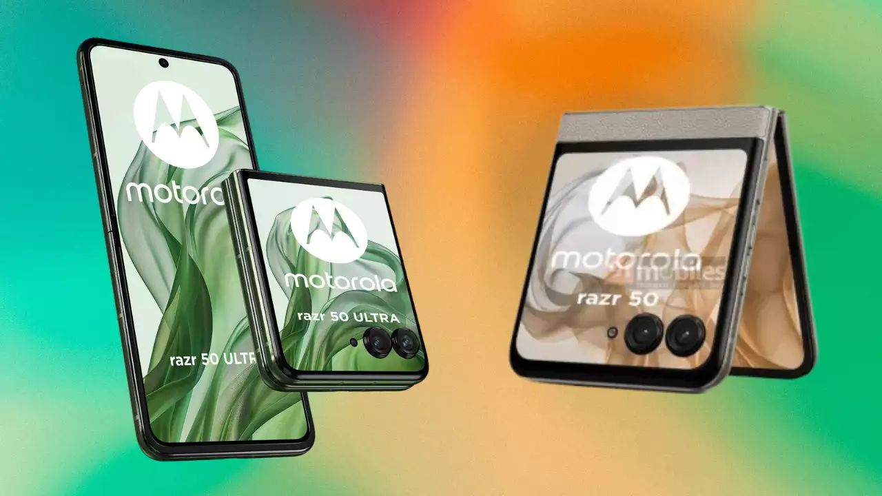 Motorola Razr 50 in green and grey color infront of yellow and green color background