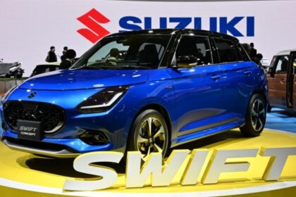 Here is image of Blue colour New Maruti Swift car which is placed in showcase