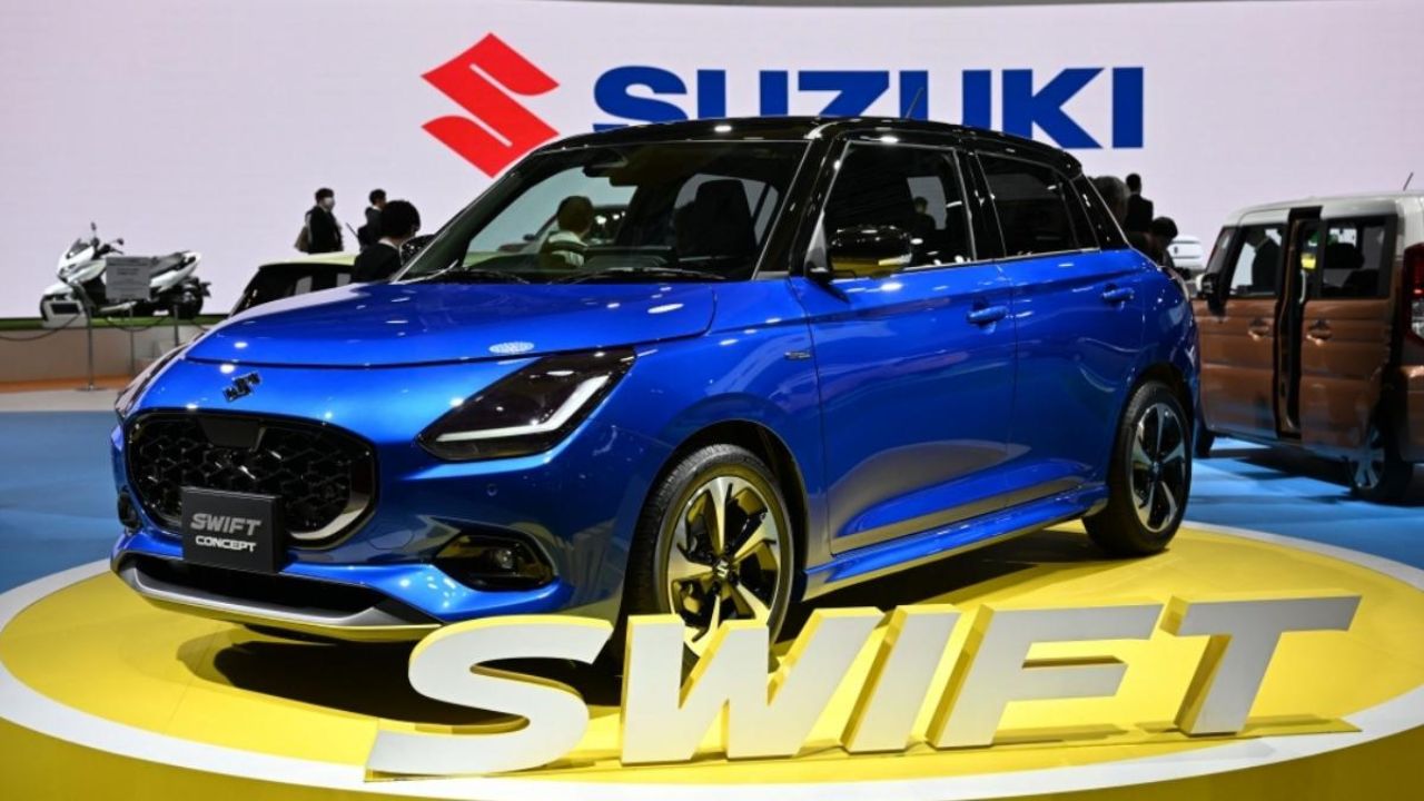 Here is image of Blue colour New Maruti Swift car which is placed in showcase