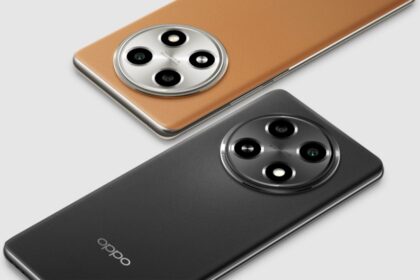 Oppo A2 Pro in black and brown color with back side look infront white color plain background