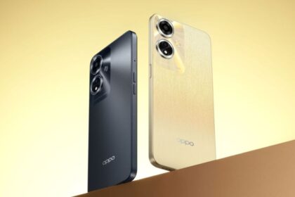 Oppo A59 5G in black and golden on brown table infront of golden background