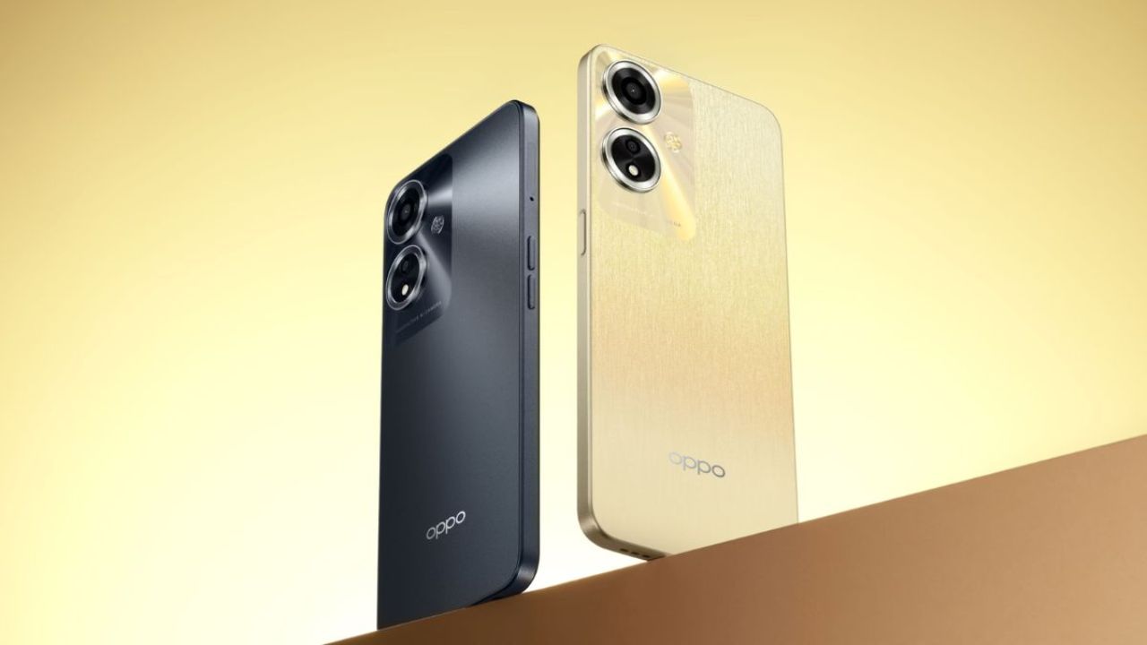 Oppo A59 5G in black and golden on brown table infront of golden background
