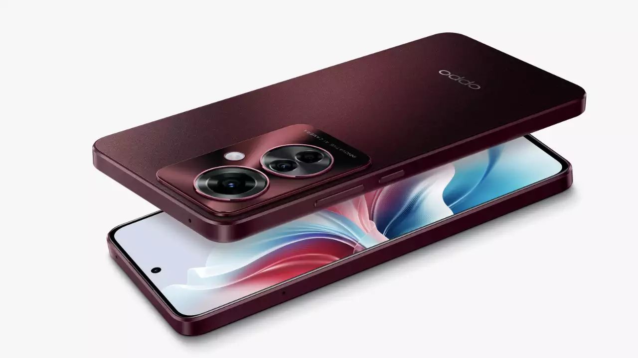 Oppo F25 Pro dark red color with front and back look infront of plain white background