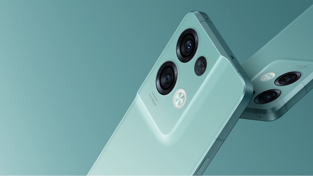 Oppo Reno 8 Pro in mint green color infrnt of mint color background