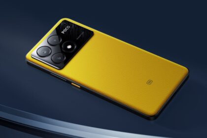 Poco x6 in yellow and black color infront of navy blue color background