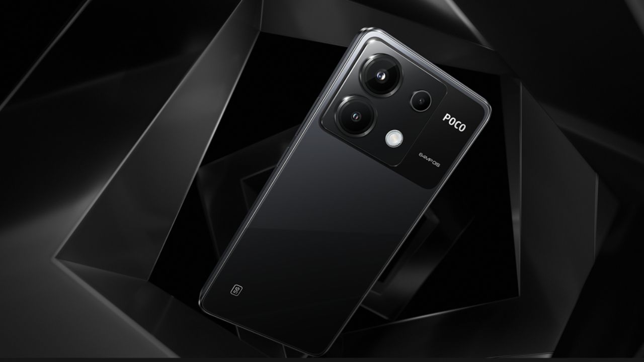 Poco 6 5G in black color infront of designed black color background