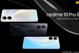 Realme 10 Pro 5G in black cilver and blue color infront of plain black ground with some written text