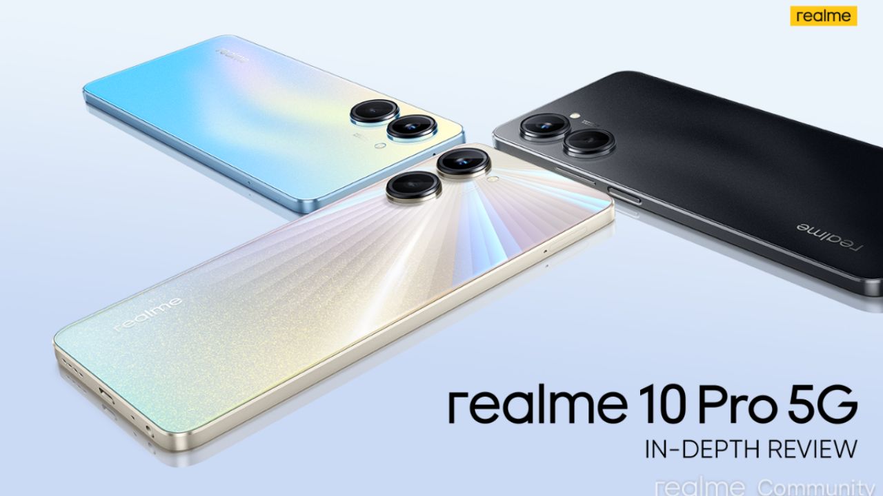 Realme 10 Pro 5G in golden blue and black on golden color background with some written text