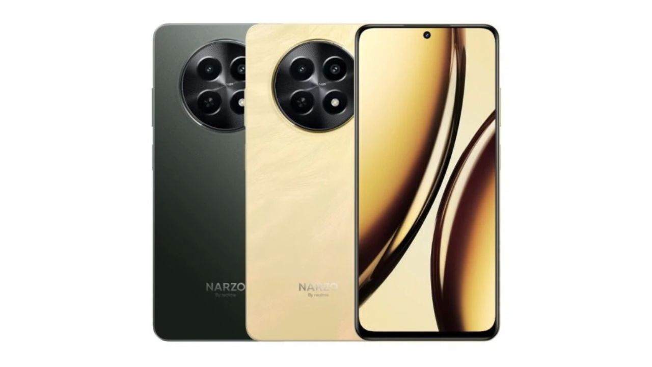 Realme Narzo N65 5G in black and gold color infront of white color background
