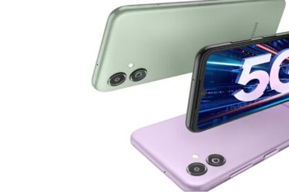 Samsung Galaxy F15 in green and light purple colorand black color infront of plain white background