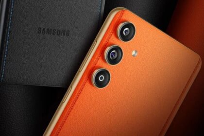 Samsung Galaxy F55 in orange and black color infront of plain white background