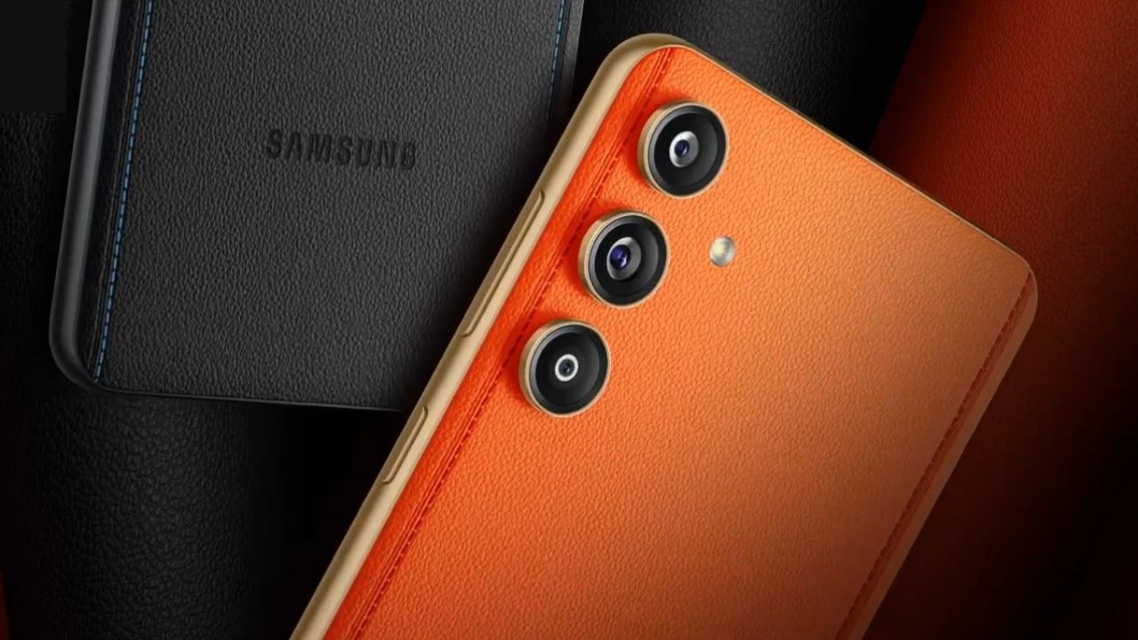 Samsung Galaxy F55 in orange color and black color with leather back infront of black and orange color background
